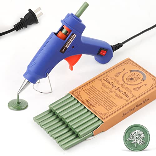 Wax Seal Kits, Wasole 20Pcs Pine Green Sealing Wax Sticks with 1 Pieces Glue Gun Set for Wax Seal Stamp, Great for Wedding Invitations, Birthday Cards, Envelopes, Gift Wrapping (Pine Green)