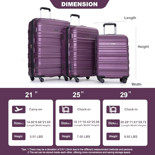 Expandable 3 Piece Luggage Sets PC Lightweight & Durable Suitcase with Two Hooks, Spinner Wheels, TSA Lock, (21/25/29) Dark Purple2