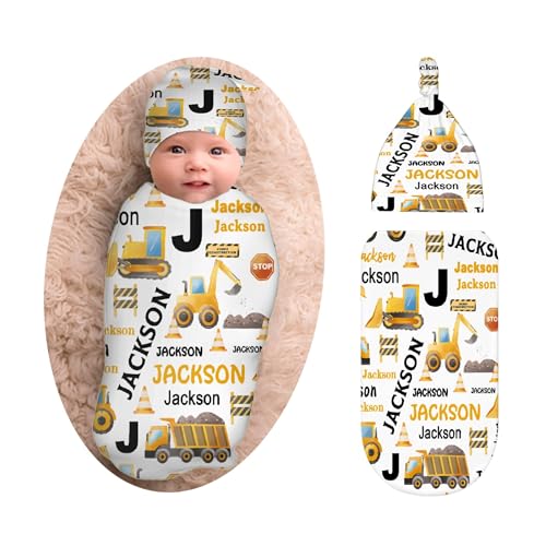 Personalized Baby Swaddle Blanket & Hat Set for Boys Girls, Customized Newborn Gifts, Custom Excavator Truck Receiving Blanket with Name, Ultra Soft Nursery Swaddle Wrap, Swaddling Sleeping Sacks