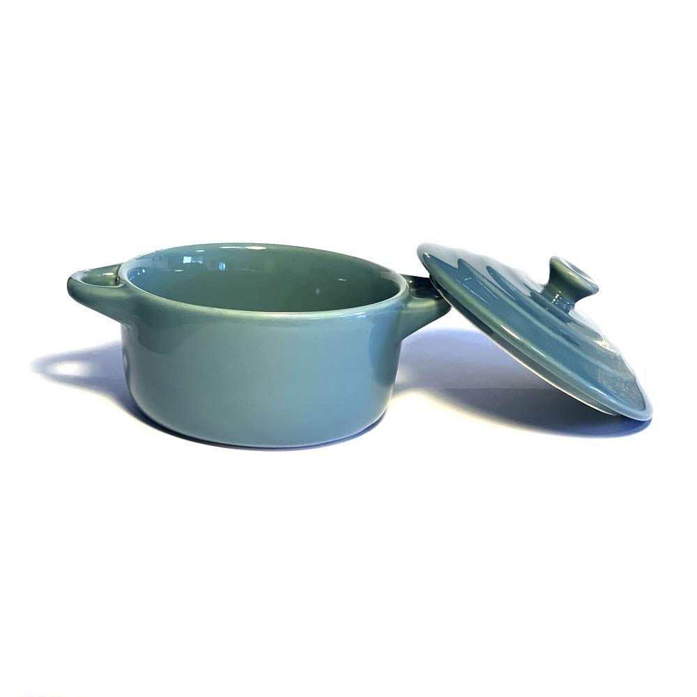 Hobby Tech Lot de 6 Mini Cocottes Grises Céramique Double Poignées avec Couvercle 13,5cm x 8cm Contenance Moule 200ml Ramequin Résistant Haute Température Four pour Petits Plats (Grise, Lot de 6)