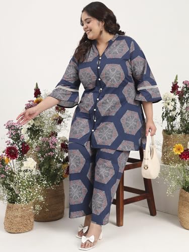 Image of Tissu Women's Plus Size Pure Cotton Red Asymmetrical Top with Trouser Co-ord Set
