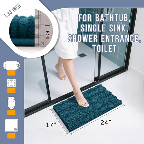 Image of Yimobra Bathroom Rug Mat, Non Slip and Super Absorbent Bath Mat, Machine Washable Quick Dry, Ultra Plush Chenille Shower Rugs for Bathroom Floor Sink Tub and Shower Outside, Peacock Blue, 24 x 17