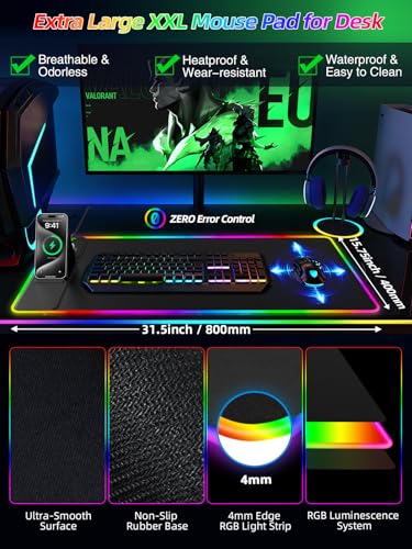 Image of Mouse Pad with Wireless Charger Foldable Phone Holder, XXL RGB Gaming Mousepad 31.5 inchx15.8 inch Large Desk Mat for Keyboard, Black Desk Pad with Dual Qi Charging Station, 11 Colors 5 Modes