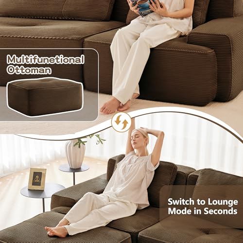 Image of 153 inch Extra Large 4-Seater Modular Boneless Couch, Luxury Corduroy Fabric, Deep Seat Cloud sectional Sofa with Buckle Connection, No Assembly Anti-Slip Couch for Big Living Room, Brown