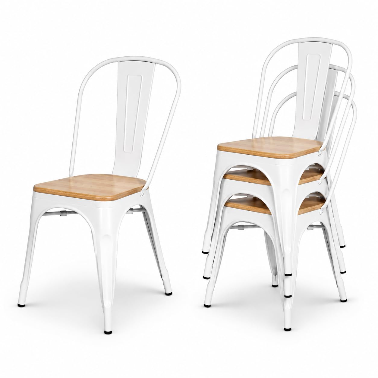 Kosmi Chaise Industrielle Blanche Métal et Bois – Style Factory Vintage – Assise Bois Naturel – Chaise de Salle à Manger, Cuisine, Restaurant, Café – Empilable – Robuste et Confortable