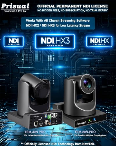 Image of Prisual NDI PTZ Camera Gen 5 AI Auto Tracking, NDI 6 & NDI HX3 Certified | 20X Optical Zoom, 3G-SDI /HDMI /USB /LAN PoE for Church Worship Live Streaming Education Events - TEM-20N PRO