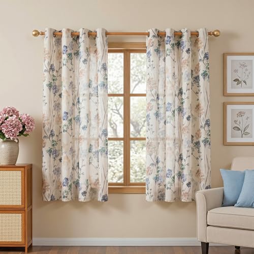 Image of MYSKY HOME Floral Linen Curtains 54 inch Length 2 Panels Set Patterned Semi Sheer Light Filtering Privacy Farmhouse Grommet Drapes for Bedroom Small Window, Brown, 52 inch Wide Each Panel, Pack-2