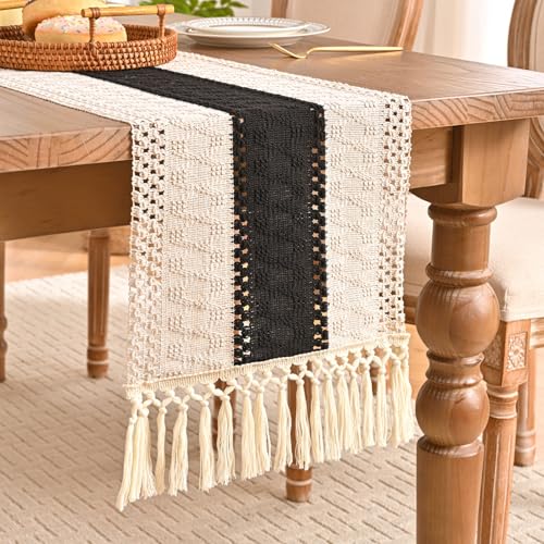 Caminho de mesa moderno estilo boémio, tapetes para mesa costuras bicolor estilo macramé, caminho de mesa preto marfim 30 x 140 cm usado para decoração de mesa de casamento e jantar de aniversário