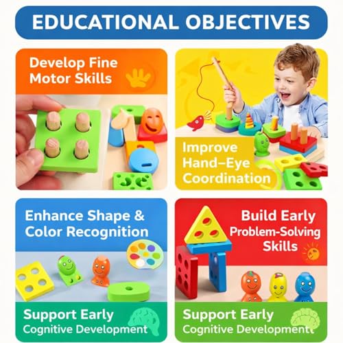Image of 3 in 1 Wooden Fishing, Shape Sorting & Stacking Toy | Montessori Magnetic Fish Catching Game | Brain Development & Fine Motor Skills for Kids 1-5 Years