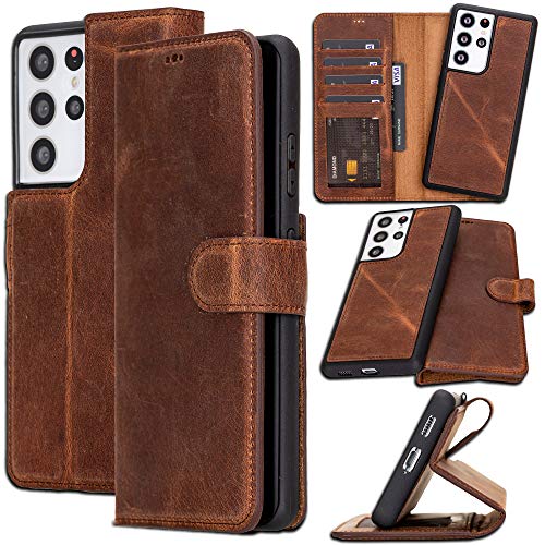 BAYELON Galaxy S21 Ultra Leather Wallet Case [RFID] [Shock-Absorption] [Detachable] [Card Slots] [Kickstand] Full Grain Leather Flip Cover for Samsung Galaxy S21 Ultra (Antique Brown)