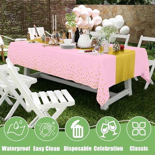 Image of Smiry Plastic Table Cloth Disposable 8 Pack, 54 x 108 Inch Rectangle Waterproof Tablecloth, Printed Gold Table Runner Style for Birthday Weeding, Party Decorations, Leakproof & Sturdy, Pink and Gold
