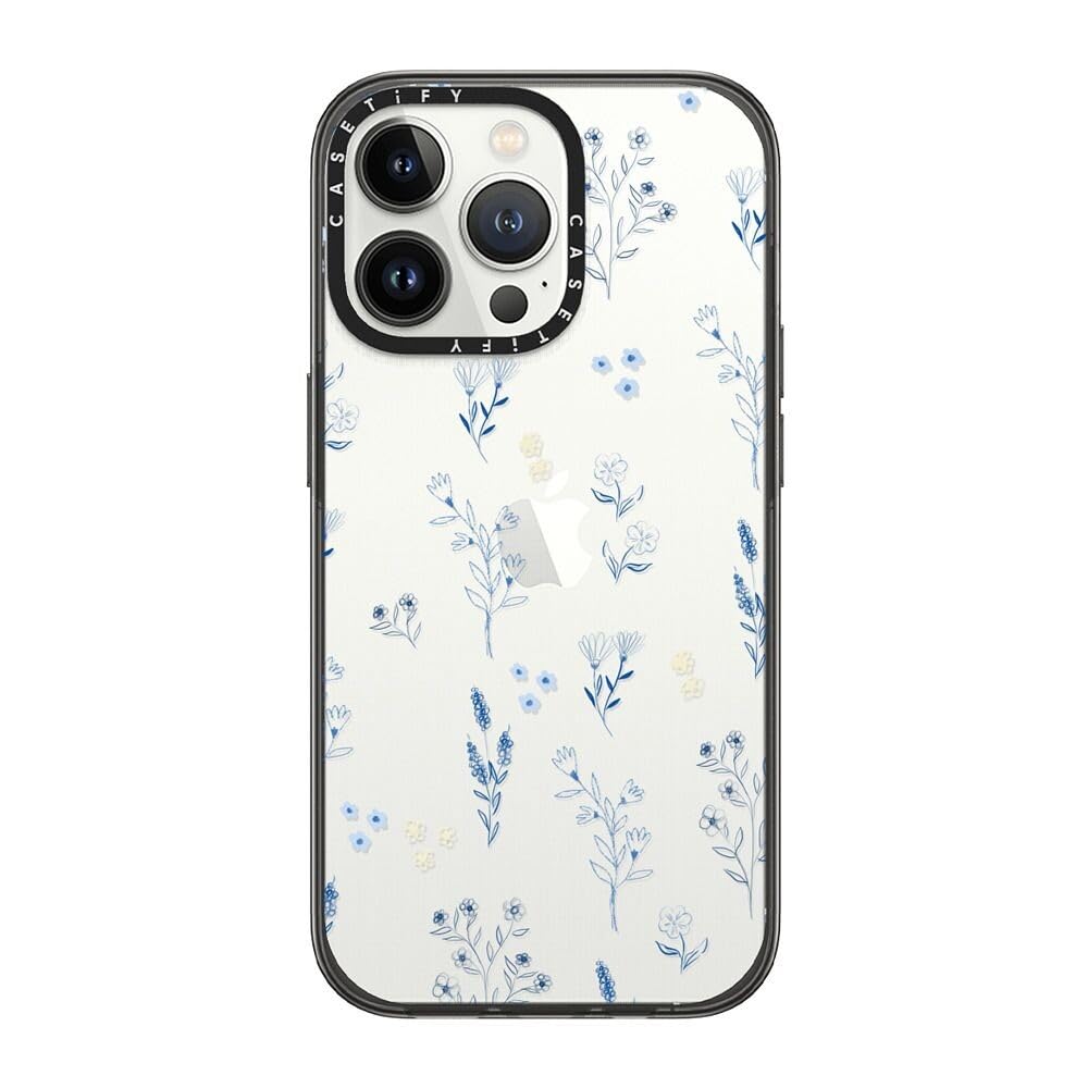 CASETiFY Compact iPhone 13 Pro Case [4 ft. 2X Military Grade Drop Protection/Slim/Lightweight] - Small Blue Flowers - Clear Black