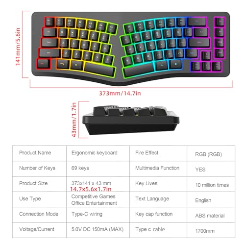 HXMJ-Wired Ergonomic Gaming Keyboard,Mechanical Feel,Detachable USB Cable,69 Keys,RGB Backlit-Black - image 6