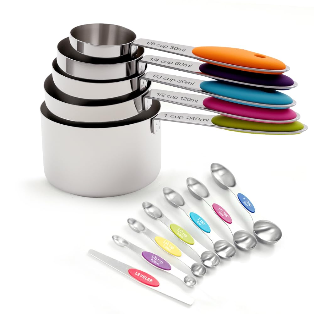Juego de 12 tazas medidoras y cucharas, incluye 5 tazas medidoras de acero inoxidable, 6 cucharas medidoras de doble extremo y 1 nivelador Plus Mide con precisión ingredientes secos o