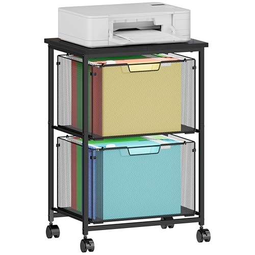Sbanmao Letter/Legal Rolling File Cart with 2 Storage Drawers, Under Desk Storage, Vertical Filing Cabinet for Home Office, Hanging File Folders Organizer, Mobile Utility Cart Printer Stand, Black