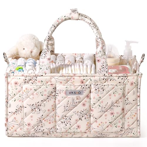 Image of VKSAO Baby Essentials Cute Floral Diaper Caddy Organizer – Portable Storage Basket with Shoulder Strap & Stroller Hooks, Splashproof Quilted Nursery & Car Tote for Baby Shower, Beige Floral