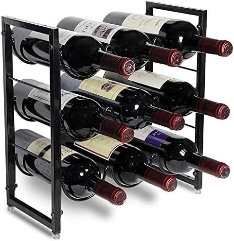 POPKU 9-Bottles Wine Rack - 3 Tier Stackable Wine Holder for Bottles - Classic Style Wine Shelf for Pantry, Perfect for Bar, Wine Cellar, Basement, Cabinet, Pantry, etc - Metal (Black)