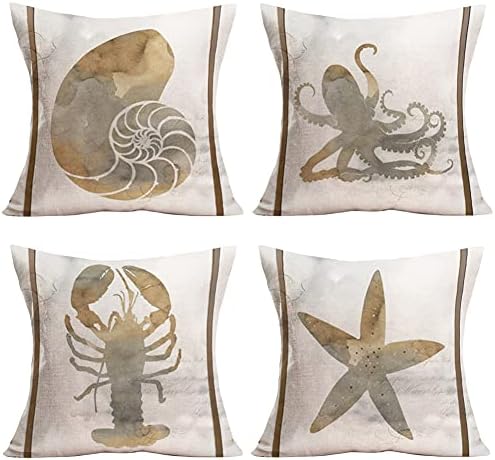 MEHOTOP Vintage Wood Ocean Nautical Throw Pillow Case Marine Life Sea Horse Starfish Conch Decorative Cushion Cover Mediterranean Style Home 16x16 Inch Set of 4