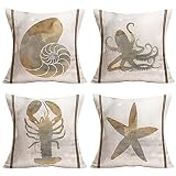 MEHOTOP Vintage Wood Ocean Nautical Throw Pillow Case Marine Life Sea Horse Starfish Conch Decorativ