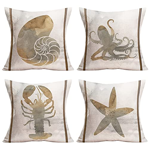 Mehotop Vintage Wood Ocean Nautical Throw Pillow Case Marine Life Sea Horse Starfish Conch Decorative Cushion Cover Mediterranean Style Home 16X16 Inch Set Of 4 #TOP3