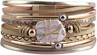 GelConnie Baroque Pearl Leather Cuff Bracelet Multi Strand Wrap Bracelets Magnetic Bohemian Bracelet