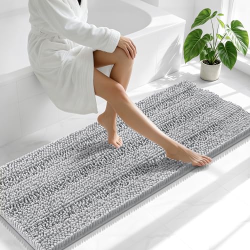Image of Smiry Thick Chenille Bathroom Runner Rugs 59x20, Absorbent Striped Bath Mat, Machine Washable, Rubber Backing, Extra Long Bath Rugs for Tub & Shower, Modern Home Decor Accessories, Light Grey