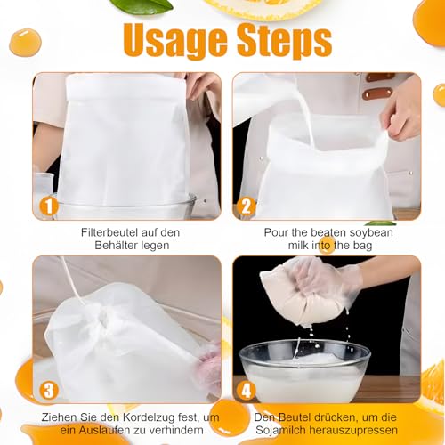 Diffaxy 4 Nussmilchbeutel 30 × 20 cm Nylon Feinmaschiges Passiertuch Feinmaschiges Filter mit Kordelzug Filterbeutel für hausgemachten Käse, Obstsaft und Gemüsesaft Waschbar und Wiederverwendbar 5