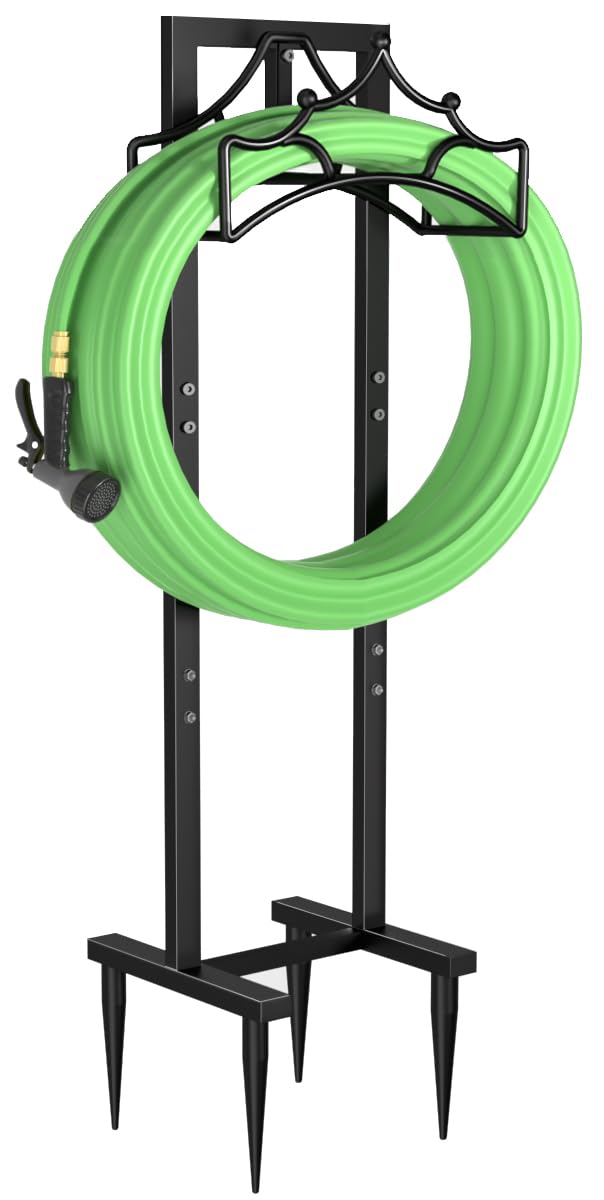 Garbuildman Garden Hose Holder With 4 Spikes, Freestanding Metal Hose Reel for Outside Garden, Detachable Water Hose Hanger Organizer for Yard Lawn, Shiny Black
