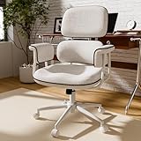 Fabric Office Chair with Granular Linen, Mid Back Vintage Desk Chair with Wheels and Wide Arms, Mid Century Modern Home Office Desk Chairs with Memory Foam Seat Cushion, Adjustable Height, White