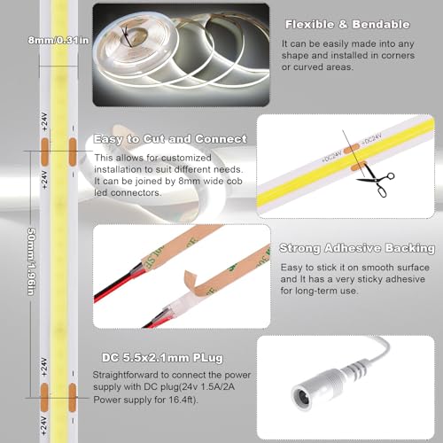 Tira de LED COB blanco brillante 5 m 24V con conectores miniatura 4
