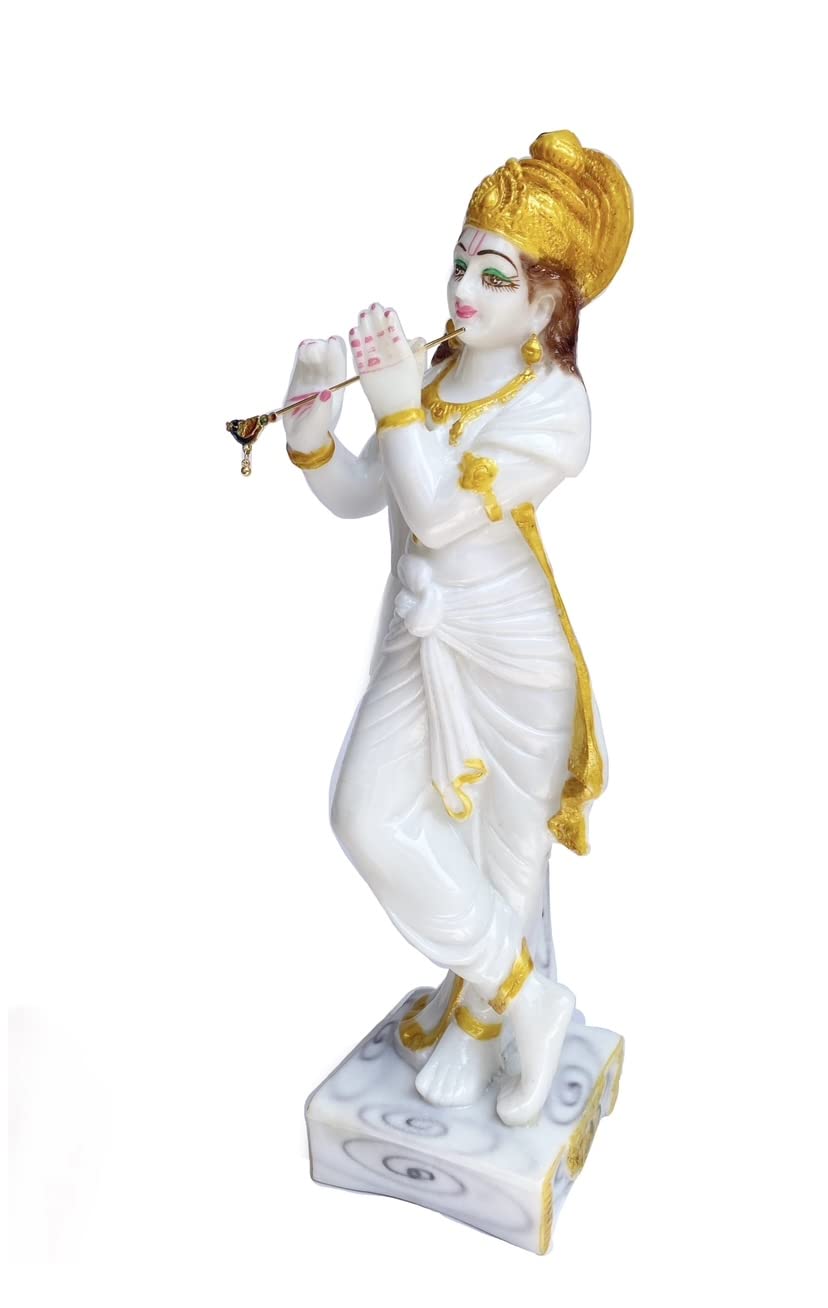 KRISHNAGALLERY1 Marble Dust White Standing Krishna Statue Krishan Ji Murti Idol for Pooja Home Office Decor 15 Inch 1