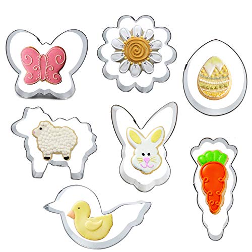 Spring Cookie Cutters Set - 7 Piece - Egg Carrot Bunny Face Flower Duck Butterfly Sheep Stainless Steel Animal Cookie Biscuit Molds for Easter Party Supplies Baking Gift