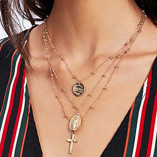 Jovono Boho MultiLayered Necklaces Virgin Mary Cross Sequins Pendant Necklace For Women and Girls (Gold)