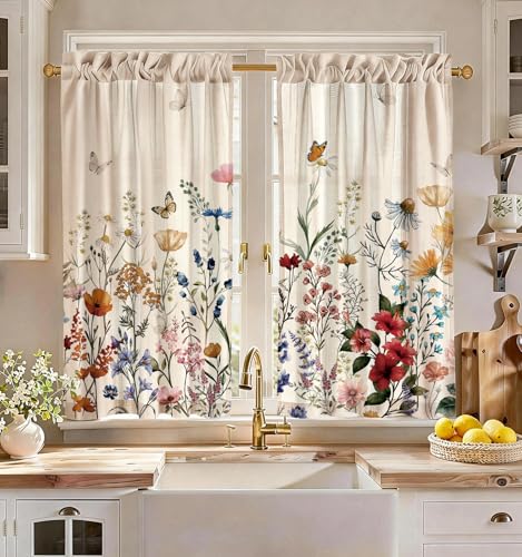 Miss Adola Floral Kitchen Curtains - 45 Inch Length Linen Blend Vintage Kitchen Window Tier Curtains Spring Cafe Drapes Rod Pocket for Windows Light Filtering, 2 Panels