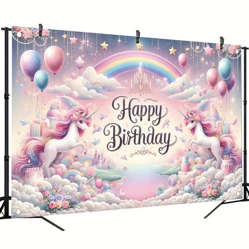 Starlit Patio Unicorn Birthday Backdrop Rainbow Unicorn Party Decorations Banner Pastel Castle Photography Background Fairy Tale Style Cake Table Banner Supplies Studio Props 70.8 x 43.3 Inch by Starlit Patio - Used condition - Image 2