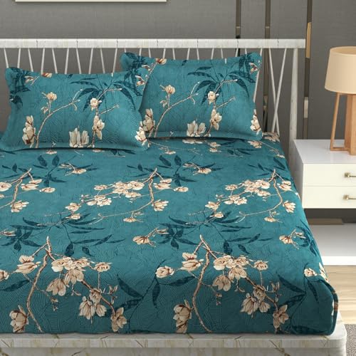 Image of Vaini Premium Heavy Cotton Elastic Fitted Bedsheets with 2 King Size Pillow Covers || Double Bed with All Around Elast (Green Flower, King (90x100Inch Flat))