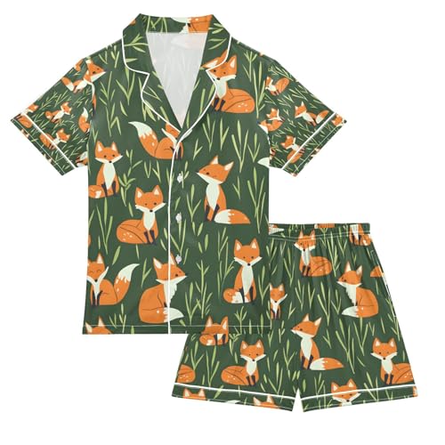 senya Cartoon Foxes and Grass Satin Summer Pajama Sets Silk Short Sleeve Button Down Sleepwear