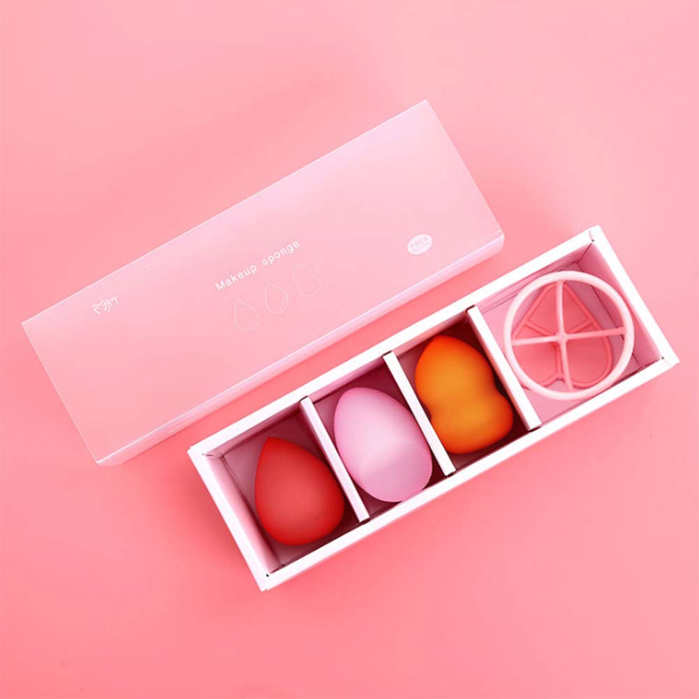Vtrem 3 PCs Makeup Sponge Blender + 1 Sponge Holder Soft Reusable Make Up Sponges with Sponge Drying Stand for Liquid, Cream, and Powder, Red & Pink & Orange
