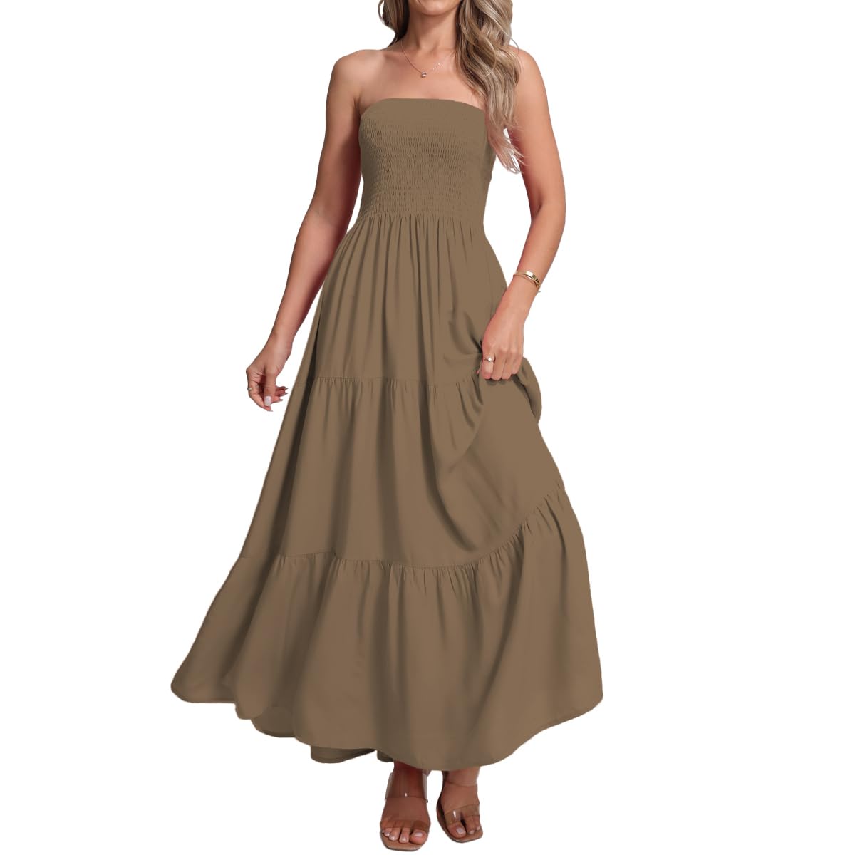 Women's Casual Off Shoulder Maxi Dress Strapless Tube Top Bohemian Beach Long Dresses 092