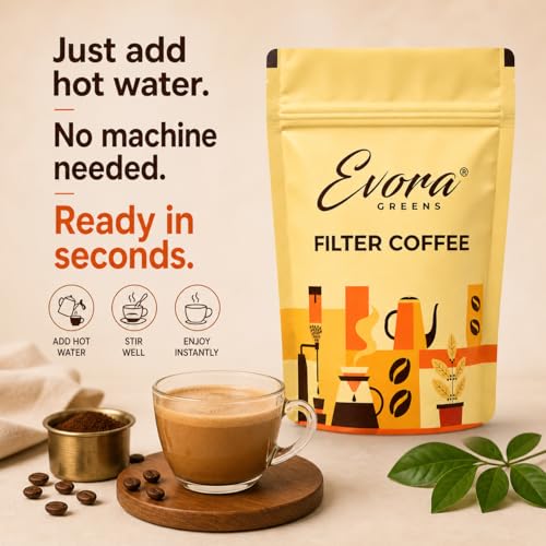 Image of Evora Greens Filter Instant Coffee | Arabica Robusta Chicory Blend | South Indian Style Strong Taste | Hot Filter Coffee | Makes ~50 Cups | 500g Glass Jar