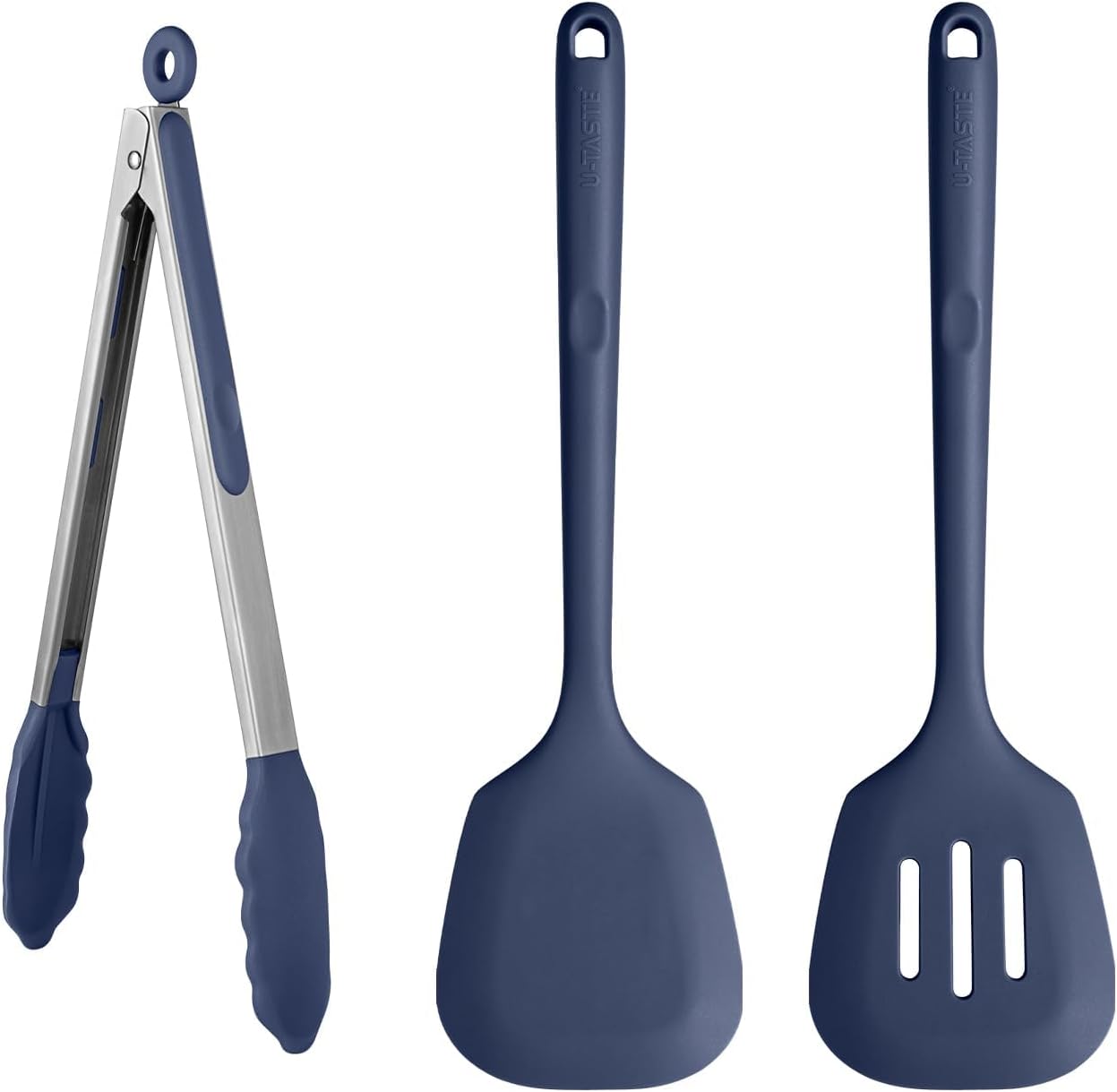 U-Taste 600℉ Heat Resistant BPA Free Non Stick Firm Cooking Tongs (12in), and 600℉ Heat Proof Long & Wide Silicone Solid & Slotted Turner for Egg, Pancake (Set of 2), Midnight Blue