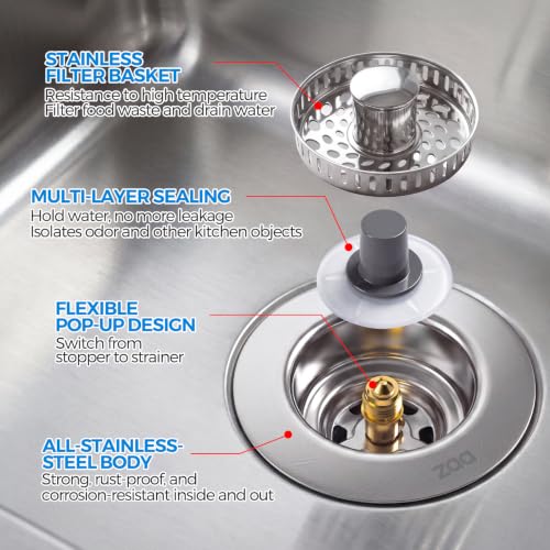 Image of ZAA 3-in-1 Kitchen Sink Drain Strainer, 304 Stainless Steel Sink Stopper | Silver, fits 3-1 /2 inch US drains, tool-free. Pop-up for storage /drain. Anti-clog, easy empty. Oil-resistant, dishwasher safe