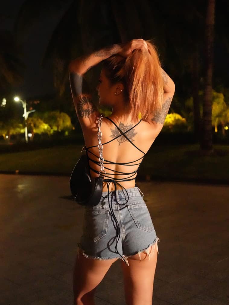 YMDUCH Women's Sexy Sleeveless Criss Cross Backless Cami Bodycon Bodysuit Tops - Image 2