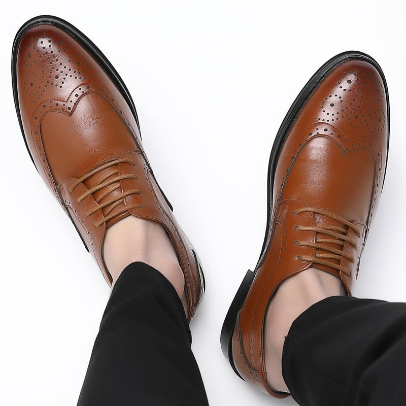 Italian Style Men's Dress Shoes, Luxury Genuine Leather Cap Toe Oxford Brogue Lace-Up Shoes, Brown Formal Wedding Shoes for Men2