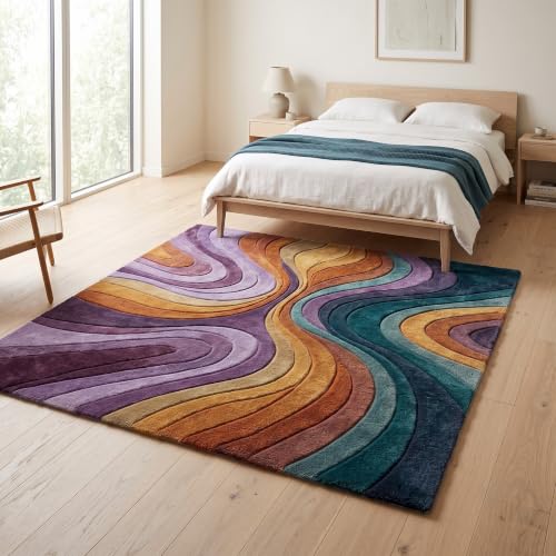 Image of Hand Tufted Premium Wool Multicolor Organic Curved Design, Carpet for Living Room, Bedroom, Office & Home Decor Size 12x18 Feet