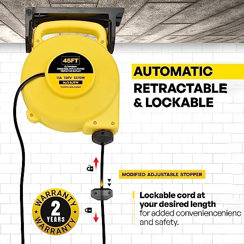 Terrabloom Retractable Extension Cord Reel With Light Indicator - 14/3 Cord Reel 45 Ft - Triple Outlet Electric Cord Reel - Wall Mounted Retractable Power Cord Reel - Ul Listed 14 Amp 125V 1750W #TOP6