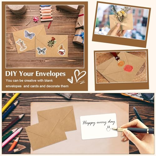50 Stück Briefumschläge Braun mit 50 Blatt Blanko Papier Karten Mini Umschläge, Kleine Umschläge, Klappkarten für Geldgeschenke, Dankeskarten, Einladung