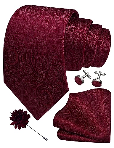 Gusleson Burgundy Tie Mens Paisley Wedding Necktie Pocket Square Cufflinks and Lapel Pin Brooch Set (UK6103-01)
