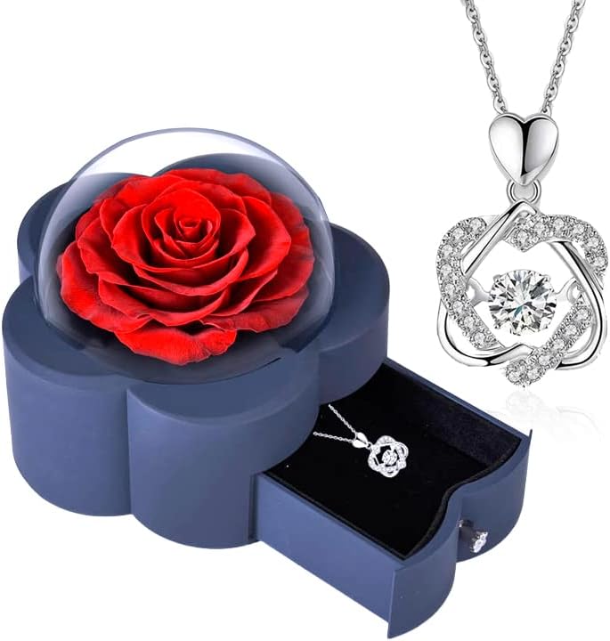 Collar de plata de lujo con rosa roja preservada con estilo de lujo ligero, flores eternas, regalos de rosas encantadas para mamá, novia, esposa,