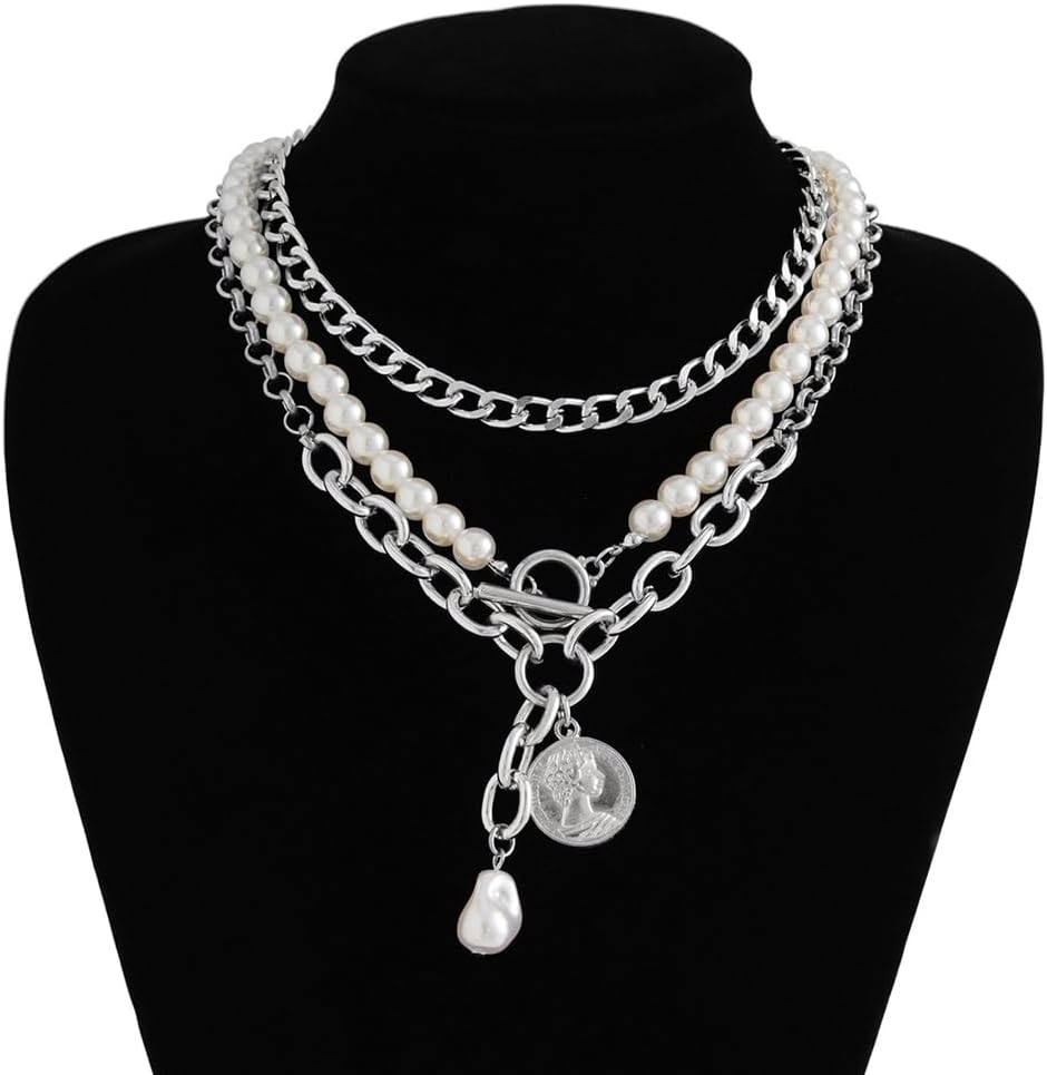 Gold Chunky Pearl Necklace for Women,Layered Stackable Metal Chain Pearl Beaded Choker,Trendy Portrait Pendant Short Necklace Cocktail Jewelry - Image 7